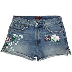 7 For All Mankind Floral Painted Boho Jean Shorts 27" Cottagecore Denim USA